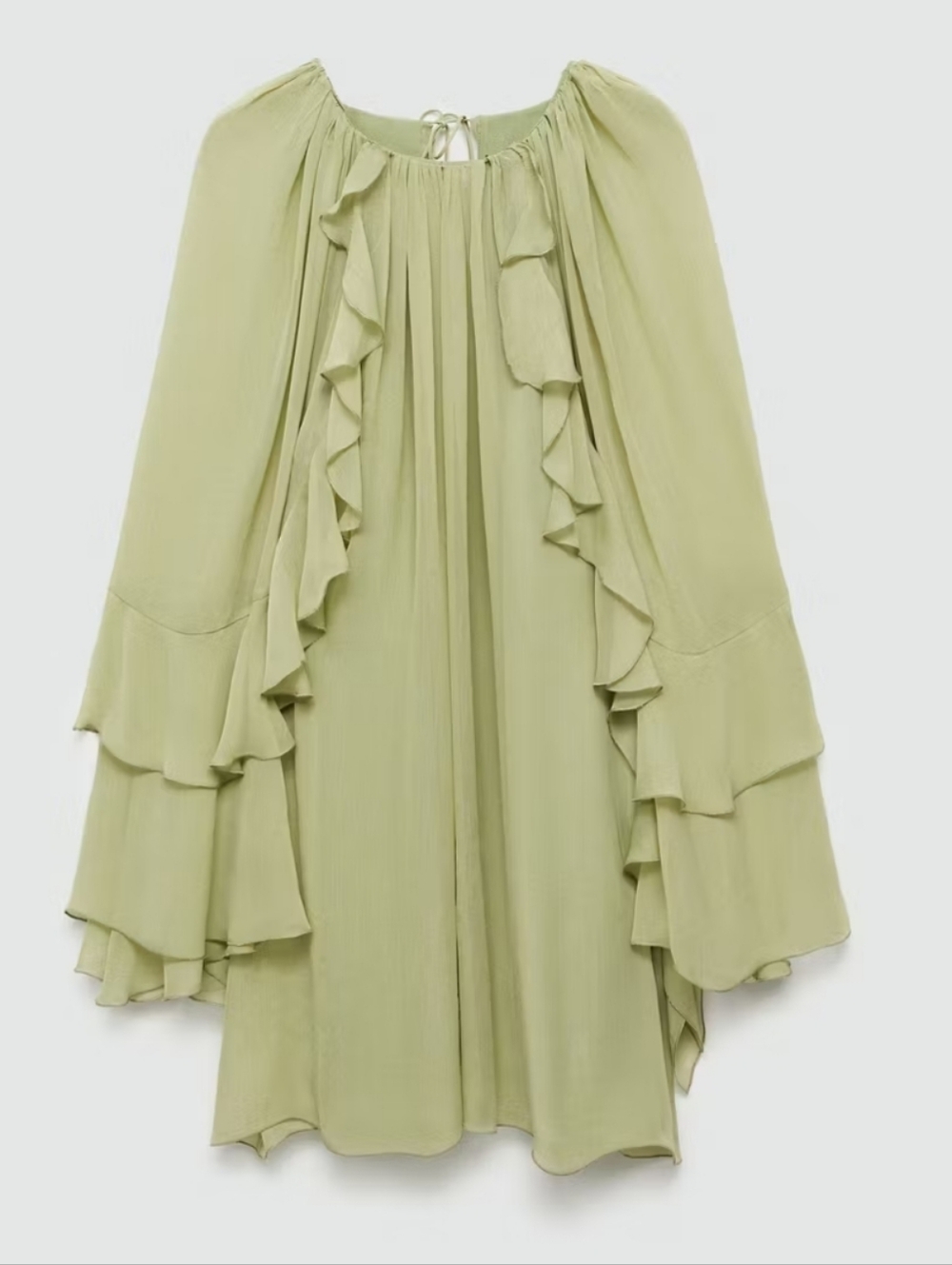Nwot MNG MANGO Women’s Ruffled Tiered Chiffon Dress Boho Fluid Sage Green